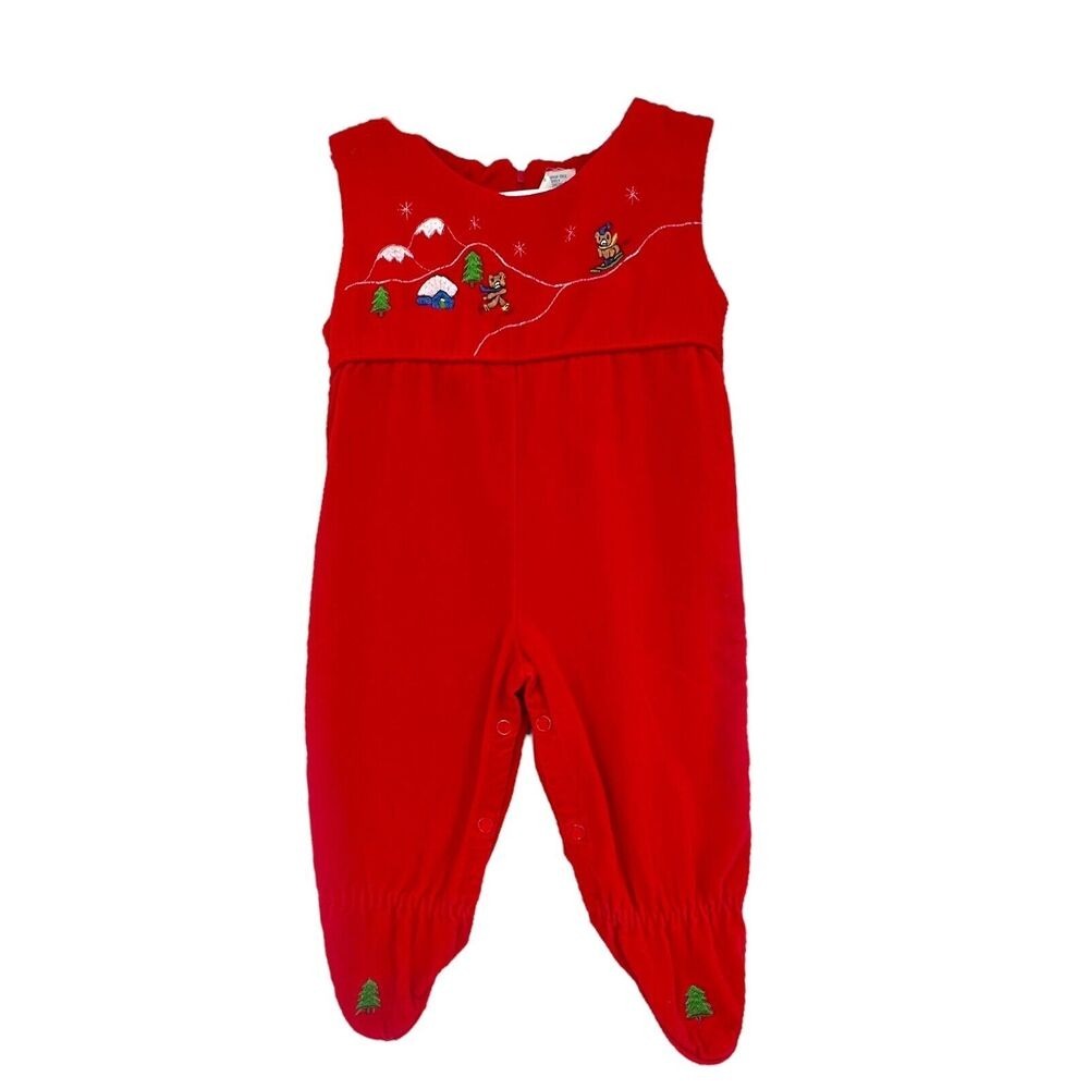 Vintage Baby Red Velvet Embroidered Romper Teddy Bear Skiing Mountains Snow 6-9m